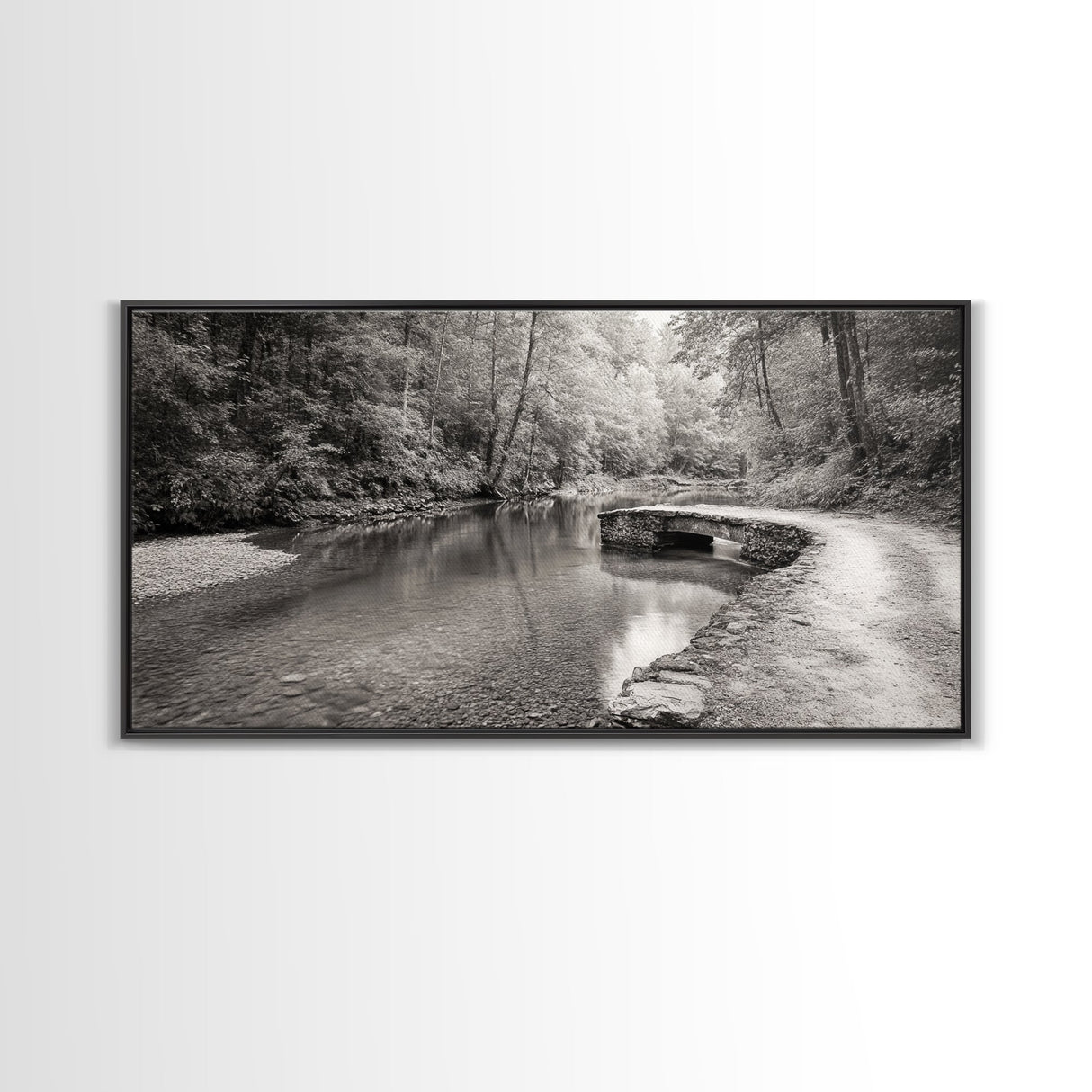 Stone Bridge, Forest Path, Quiet Creek, Peaceful Nature, Canvas Print, tranquil woodland art, Fall entryway piece, rustic landscape