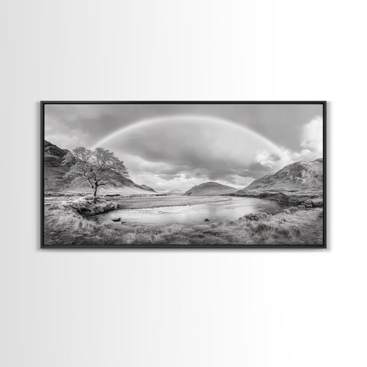 Rainbow, River Valley, Highland Scene, Minimalist Landscape Art, Framed Canvas Print, Entryway Decor, Rustic Nature Print, Calming Wall Art