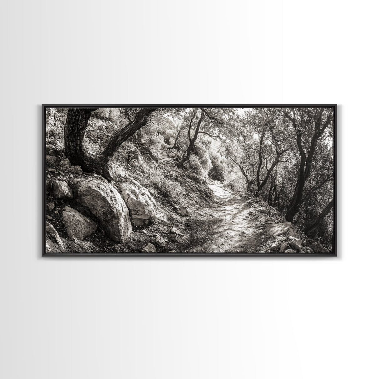 Woodland Trail, Autumn Path, Tree Tunnel, Rustic Outdoor Vibe, Framed Canvas Print, Entryway Nature Art, Moody Forest Decor