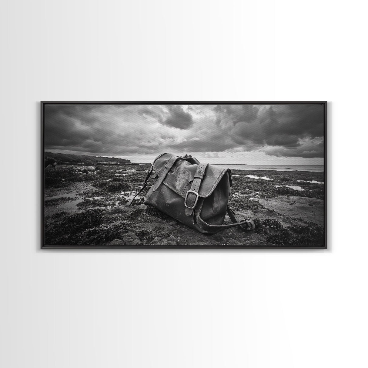 Abandoned Satchel, Coastal Mystery Art, Lost and Found Decor, Moody Beach Scene, Canvas Print, Study Wall Art, Nautical Rustic Aesthetic