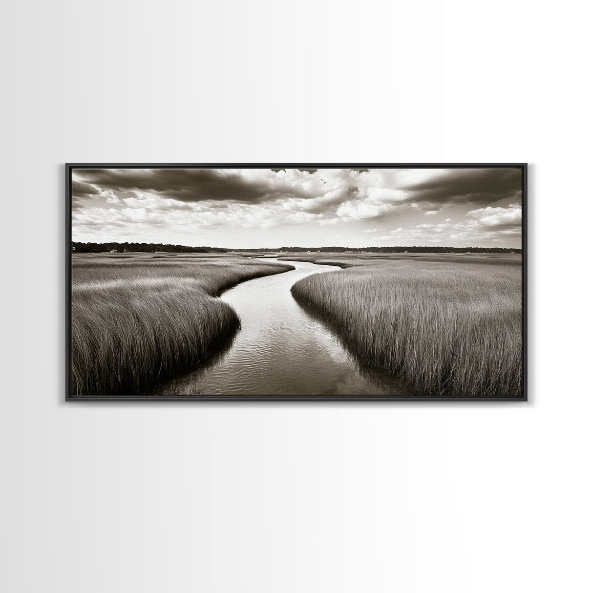 Winding River, Marsh Grass, Nature Path, Sepia Tones, Framed Canvas Print, Country Wall Art, Entryway Decor, Rustic Landscape Aesthetic