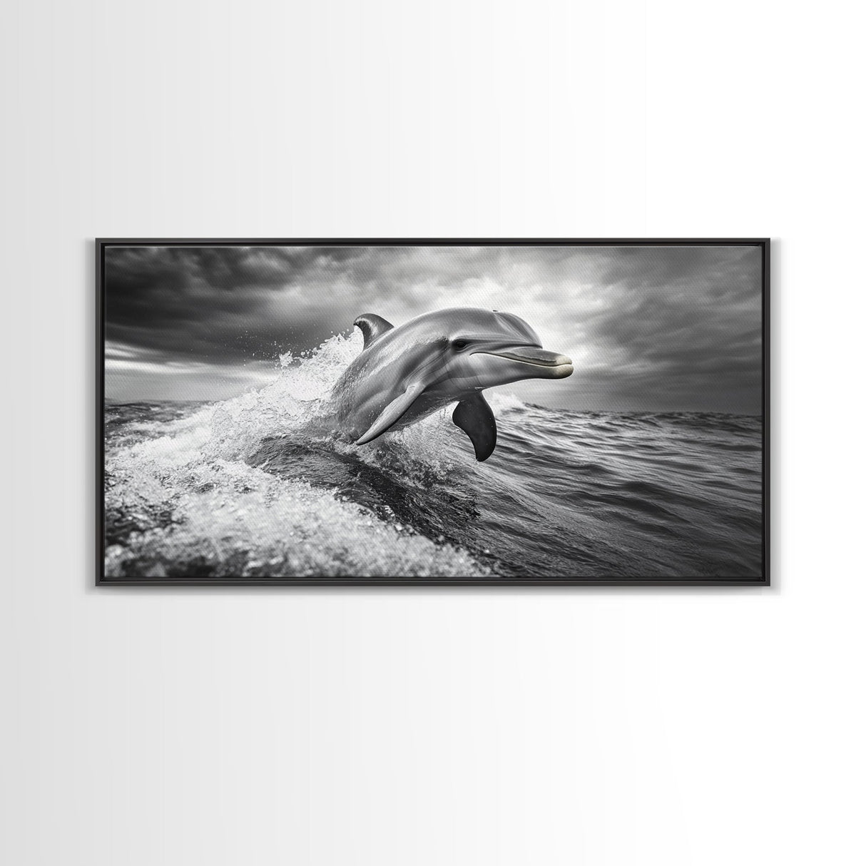 Leaping Dolphin, Ocean Life, Marine Animal, Waves Splashing, Framed Canvas Print, Coastal Kids Room Art, Beach House Decor