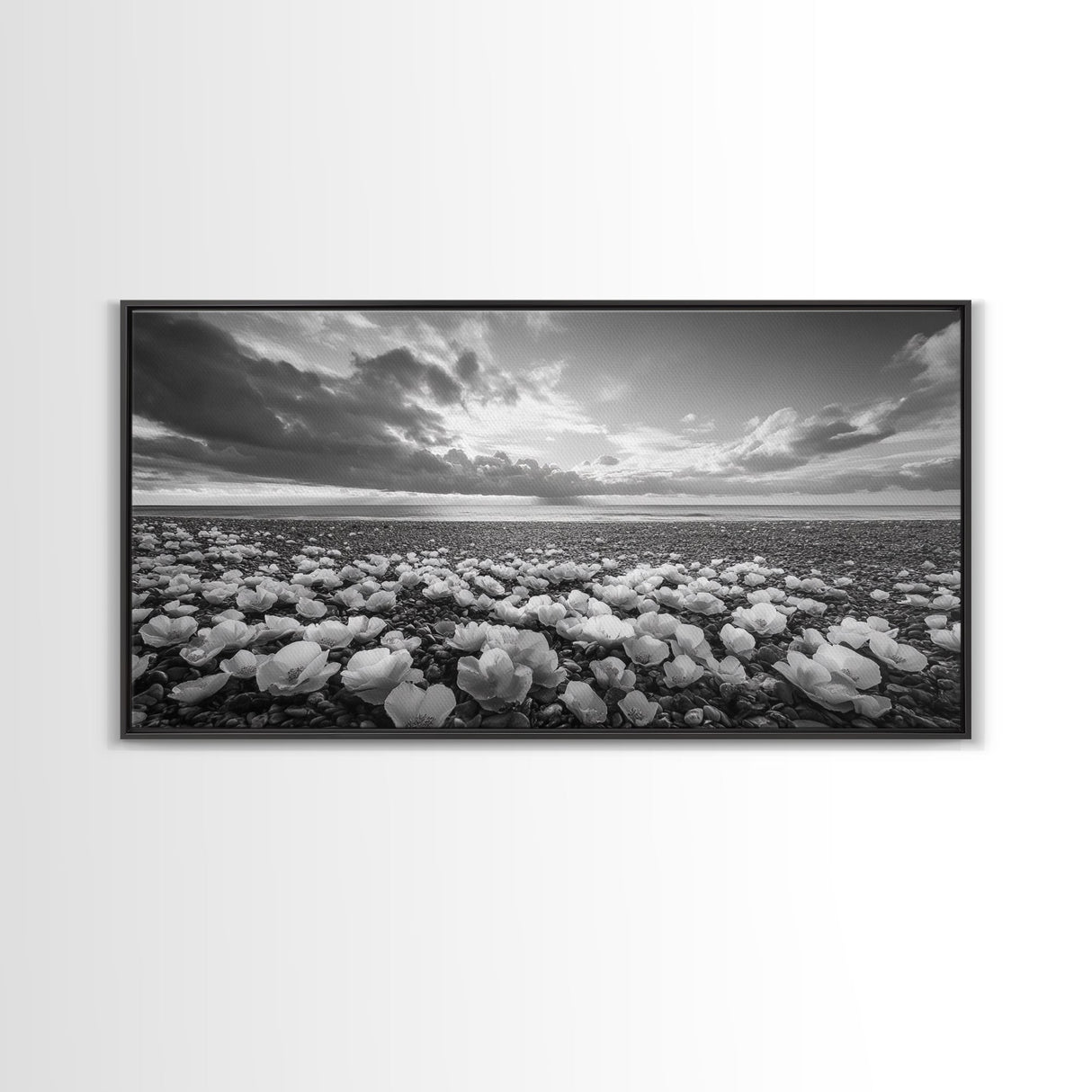 Flower Beach Shore, Coastal Blossoms, Pebble Flower Scene, Nature Bloom Decor, Canvas Print, Living Room Wall Art, Boho Art