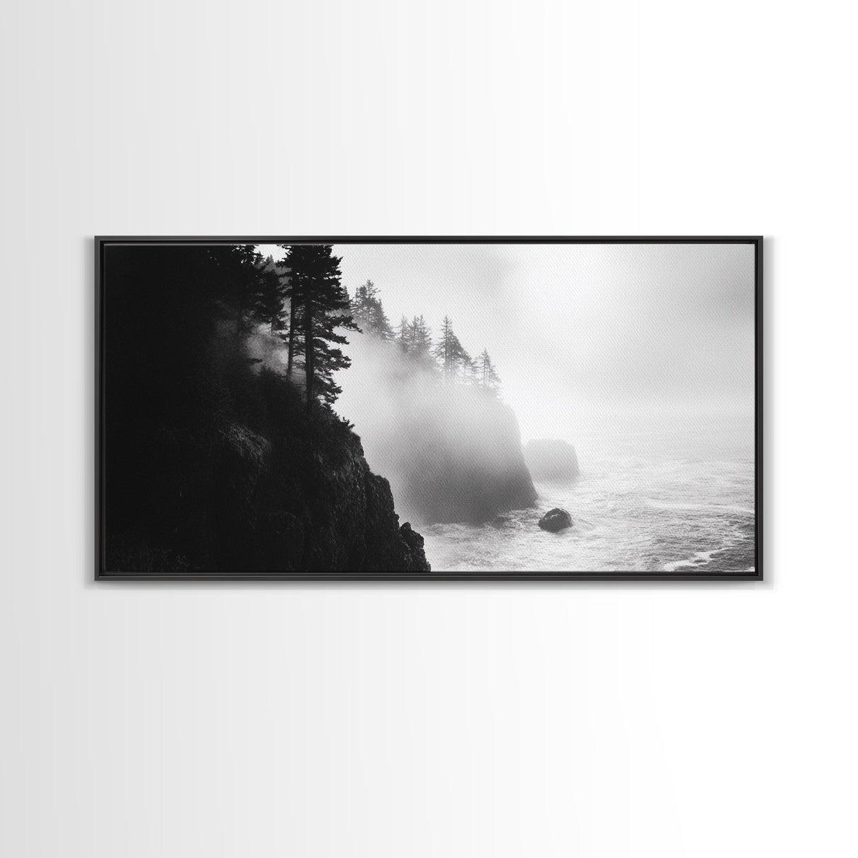Foggy Cliff Coast, Ocean Pines Landscape, Moody Nature Art, Misty Seascape Scene, Framed Canvas Print, Living Room Wall Art, Fall Decor