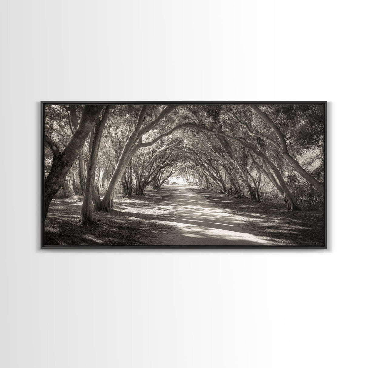 Tree Tunnel Trail, Light Dappled Path, Forest Archway Scene, Framed Canvas Print, Hallway Wall Art, Boho Natural Decor, Living Room Wall Art