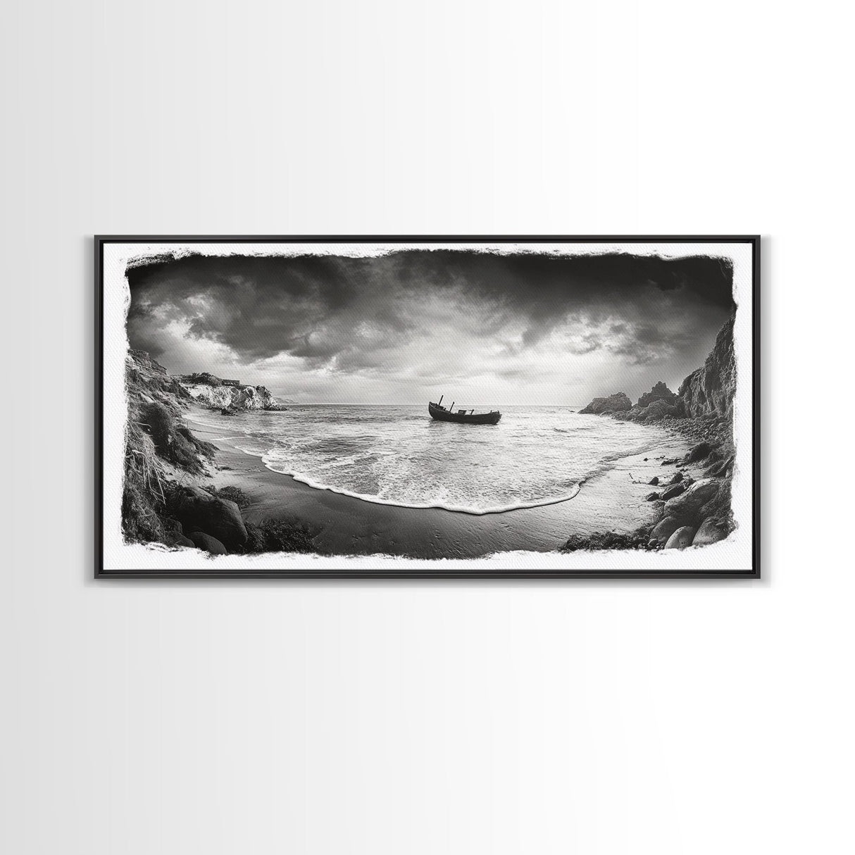 Shipwreck Beach Scene, Dramatic Coastline, Black and White Decor, Framed Canvas Print, Moody Art, Coastal Wall Art, Rustic Bedroom Print