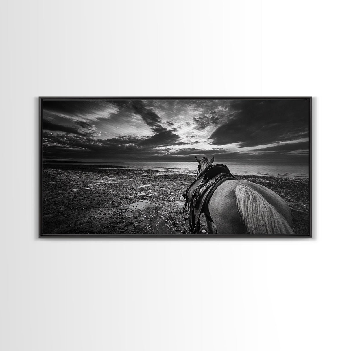 Horseback Beach, Sunset Ride, Equestrian Art, Moody Horizon Scene, Canvas Print, Cowboy Country Decor, Rustic Living Room Wall Art