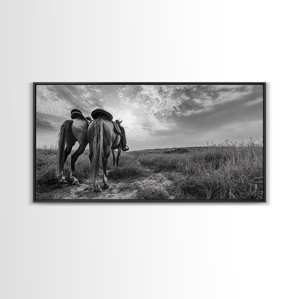 Grazing Horses, Cowboy Duo, Open Field, Equestrian Love Scene, Canvas Print, Western Wall Art, Rustic Ranch Living Room Decor