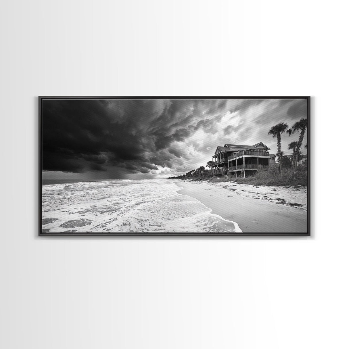 Stormy Beach House, Coastal Decor, Monochrome Photography, Beachfront Scene, Canvas Print, Moody Ocean Wall Art, Bedroom Coastal Wall Decor