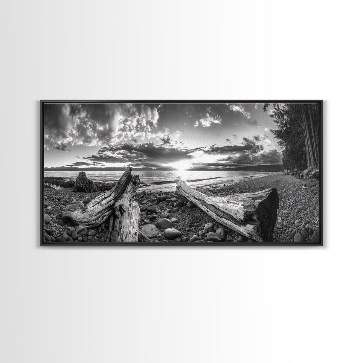 Driftwood Coastline, Rocky Beach Sunset, Nature Wall Art, Framed Canvas Print, Rustic Lake House Decor, Fall Coastal Aesthetic