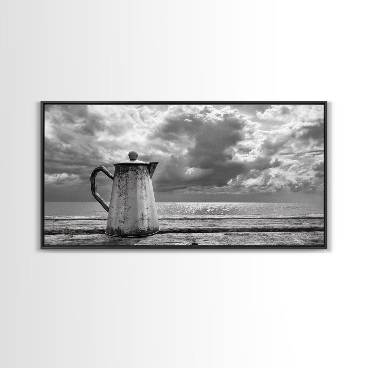 Seaside Coffee Pot, Oceanfront Still Life, Rustic Morning, Framed Canvas Print, Nautical Wall Art, Beach Kitchen Decor, Moody Nature Art