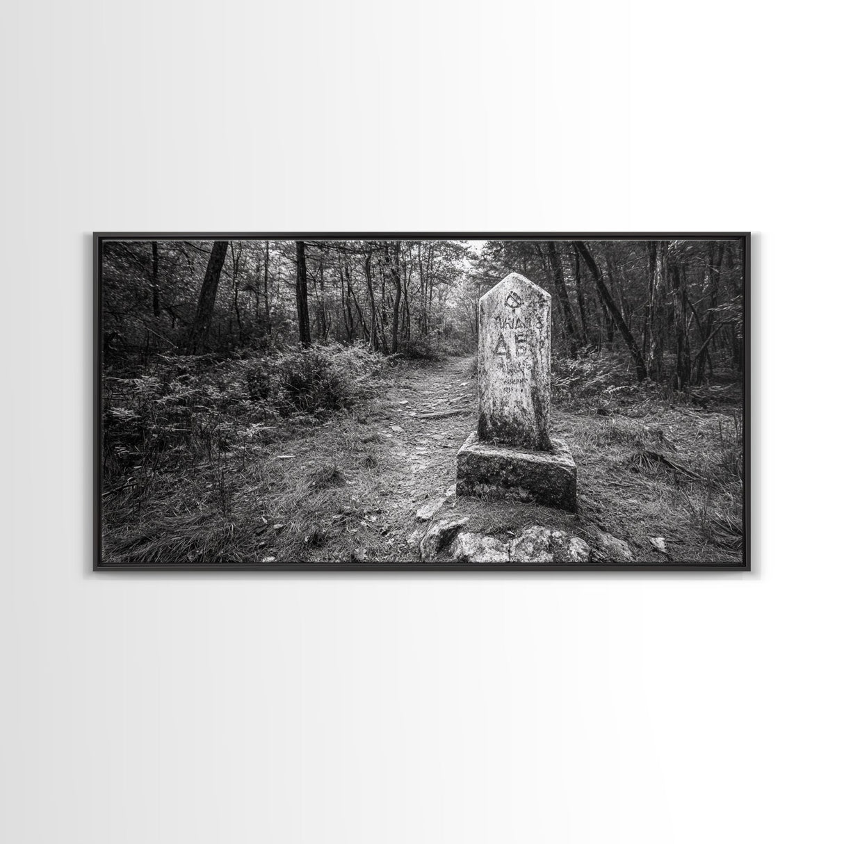 Forest Trail, Stone Marker, Ancient Symbol, Misty Pathway, Framed Canvas Print, cabin decor, woodland art, Autumn wall print, rustic charm