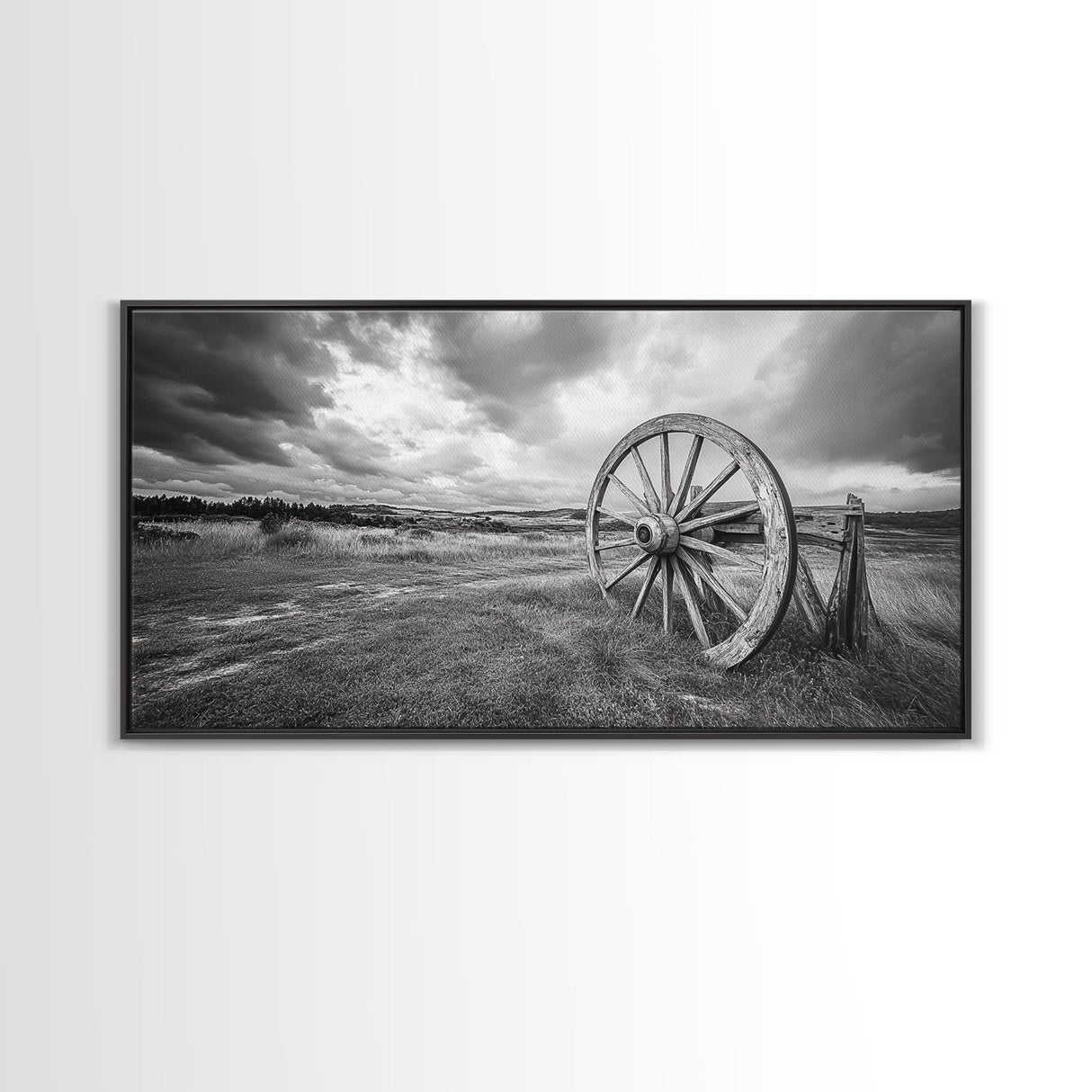 Prairie Wagon Wheel, Western Landscape, Rustic Field, Canvas Print, Country Farmhouse Wall Art, Fall Rustic Decor, Black And White Art