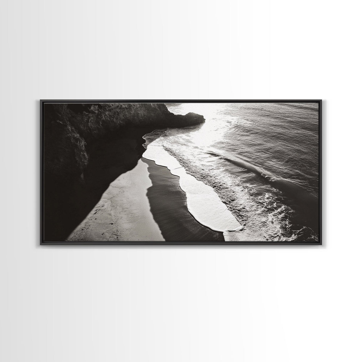 Shoreline Light, Coastal Waves, Cliff Shadow, Beach Edge, Framed Canvas Print, Ocean Minimalist Art, Bathroom Wall Decor
