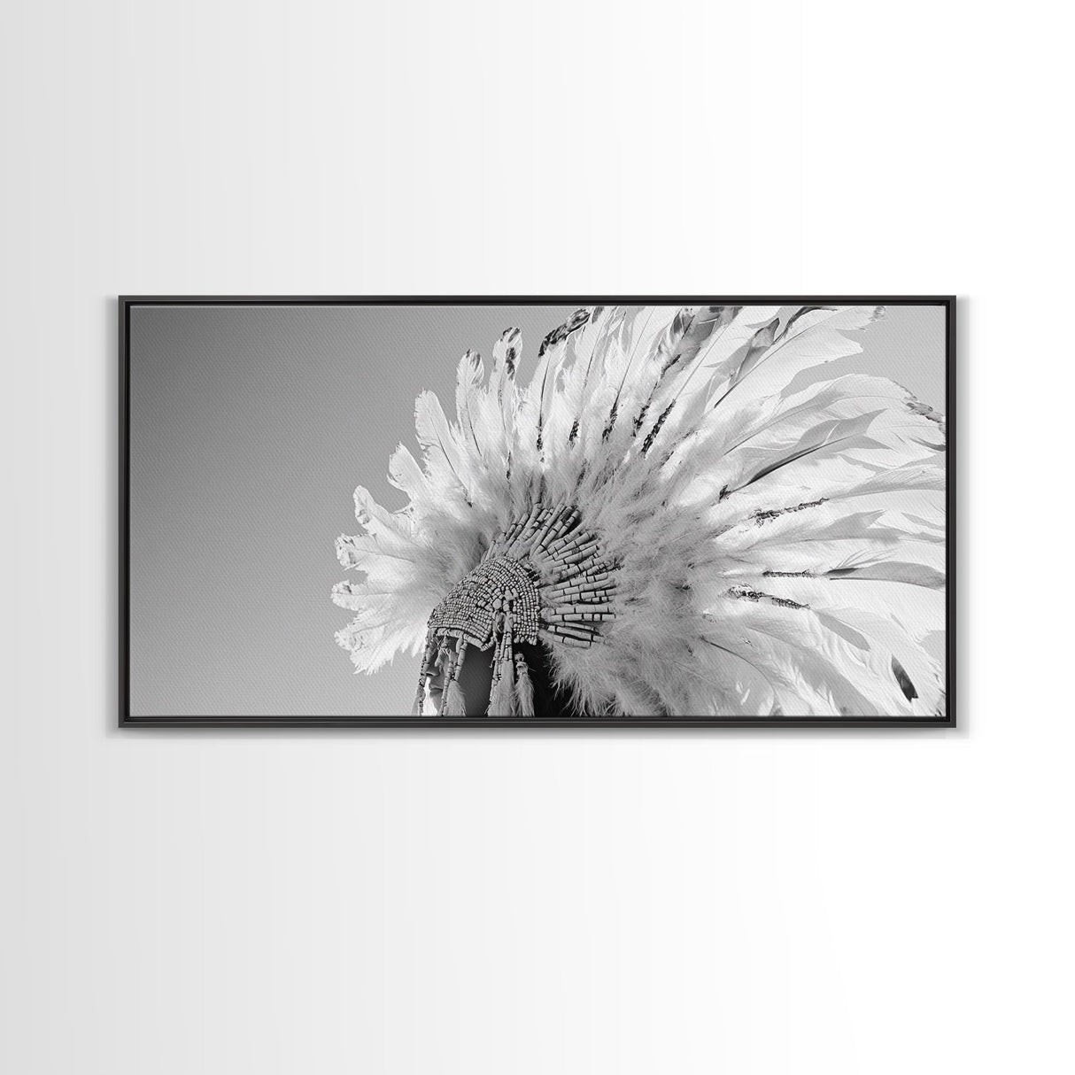 Native Headdress, Feather Crown, Cultural Tribute, Canvas Print, Boho Tribal Decor, Bedroom Wall Art, Monochrome Indigenous Style