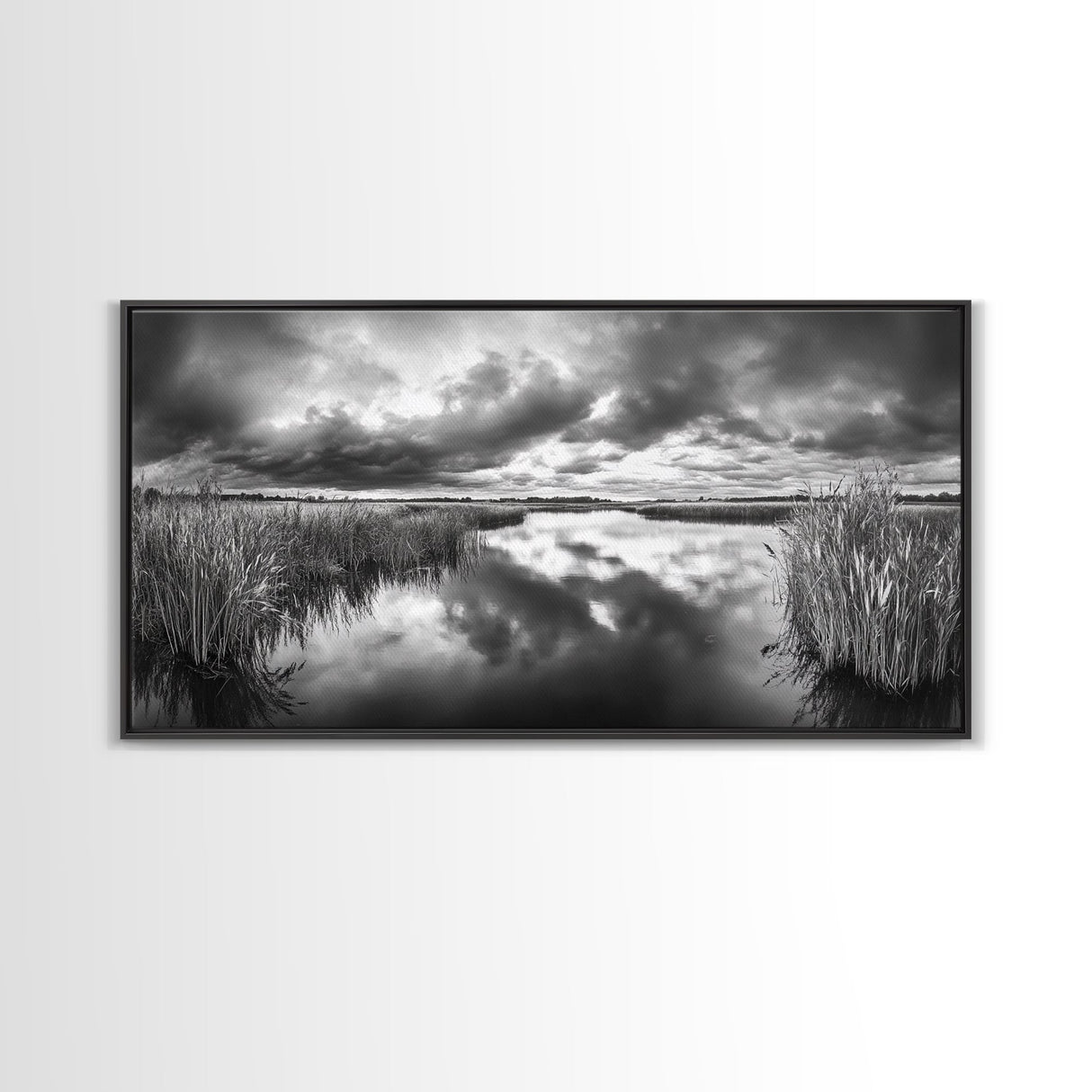 Stormy Marsh, Cloudy Sky, River Reflection, Framed Canvas Print, Nature Wall Art, Moody Landscape, Autumn Decor, Office Or Study Artwork