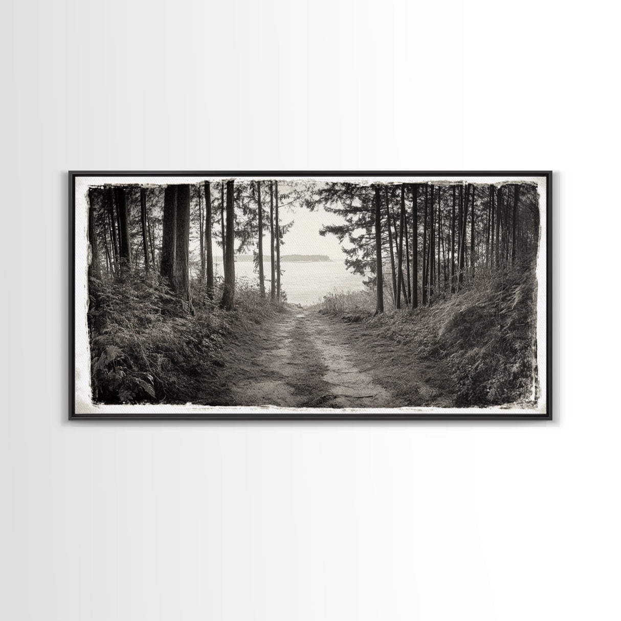 Forest Path, Island View, Vintage Border, Nature Trail, Canvas Print, Sepia Landscape Art, Entryway Wall Art, Woodland Photography Style
