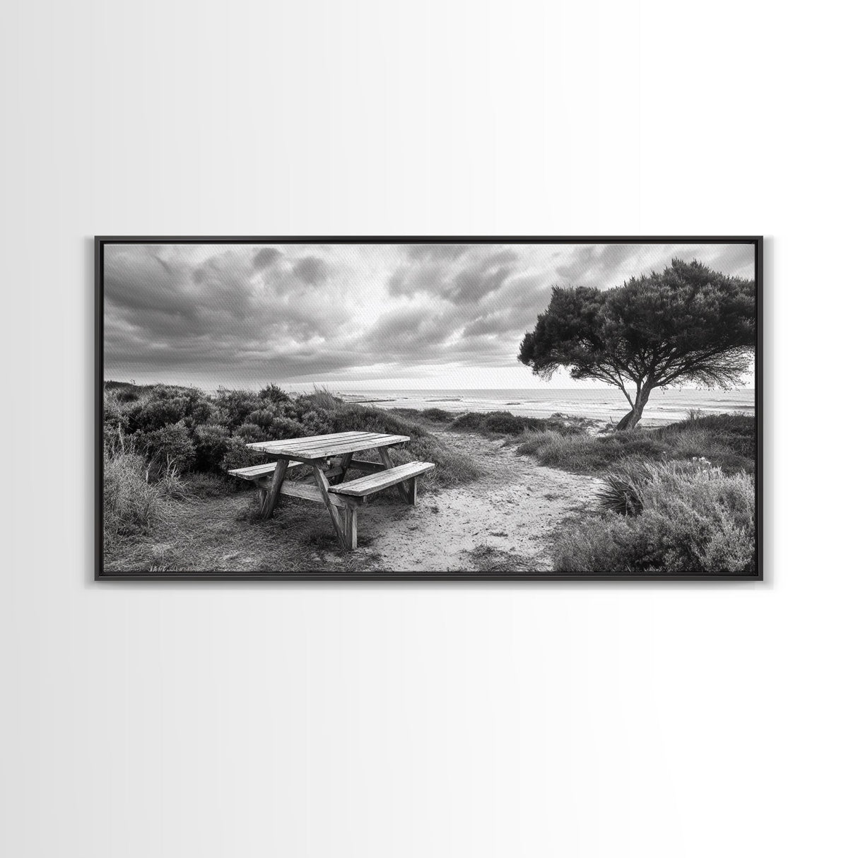 Picnic Table, Ocean Tree, Coastal Path, Windswept Scene, Framed Canvas Print, Rustic Wall Art, Fall Decor, Peaceful Beach Setting