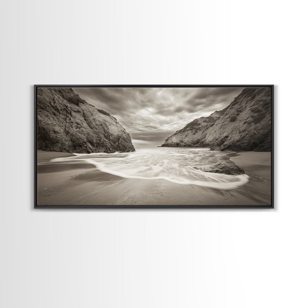 Secluded Beach Cove, Coastal Seascape, Sepia Landscape Art, Framed Canvas Print, Bathroom or Bedroom Wall Decor, Nature Inspired