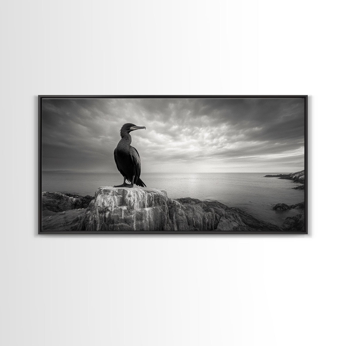 Sea Bird, Rocky Shore, Stormy Horizon, Coastal Watcher, Canvas Print, Nature Photography Art, Bedroom Decor, Ocean Wildlife