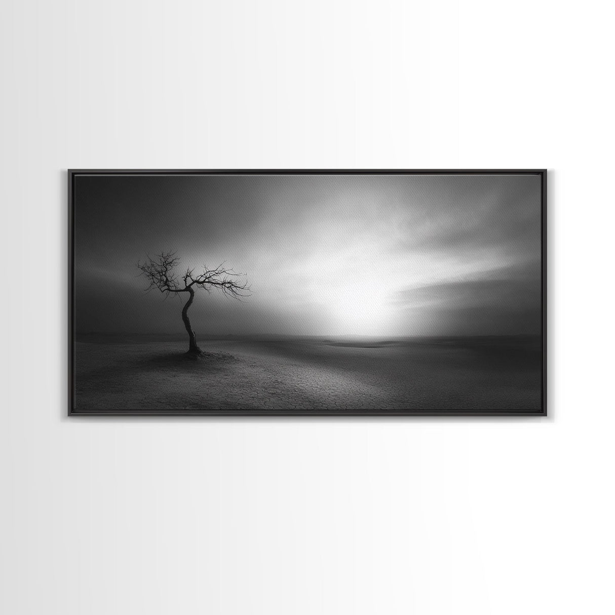 Lonely Tree, Dramatic Desert, Emotional Landscape, Framed Canvas Print, Bedroom Wall Art, Black White Decor, Surreal Art Vibes