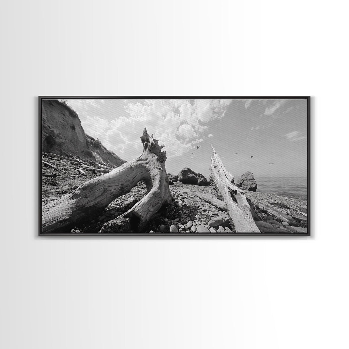 Coastal Driftwood, Beach Landscape, Pebble Shore Scene, Natural Decor Accent, Canvas Print, Relaxed Vibe, Entryway or Den Wall Art
