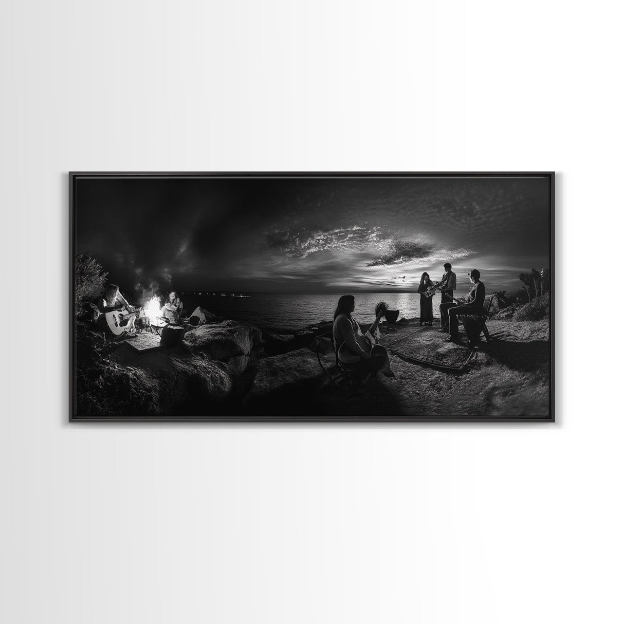 Campfire Gathering, Boho Night Vibes, Music Outdoors Scene, Framed Canvas Print, Living Room Wall Art, Folk Rustic Aesthetic