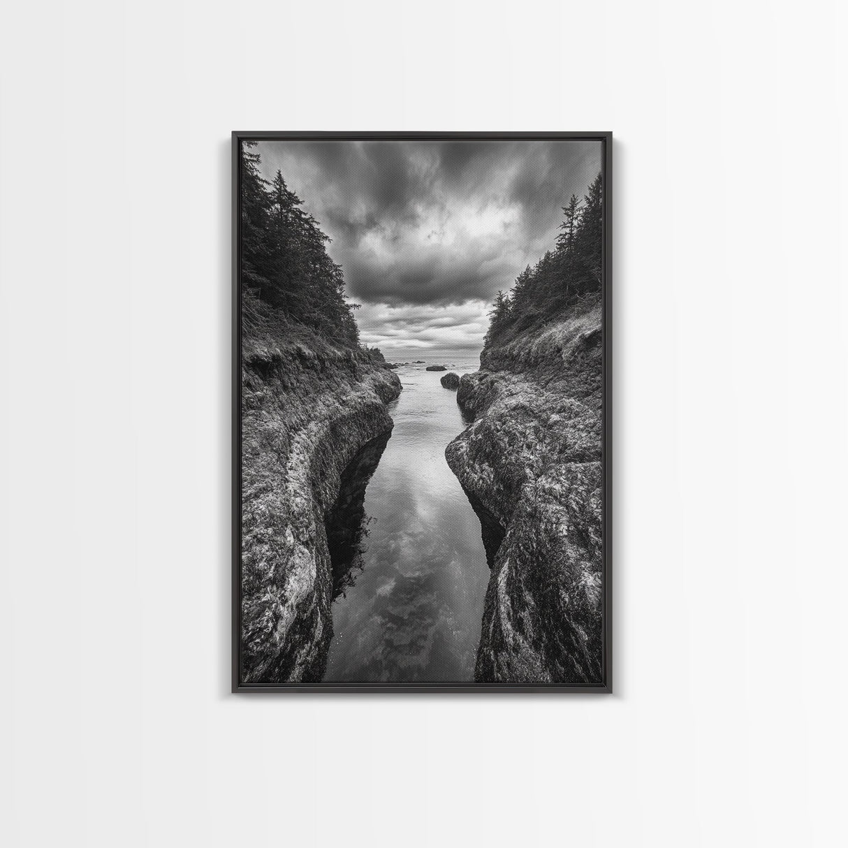 Rocky Waterway, Coastal Reflections, Dramatic Cloudscape, Ocean Nature Print, Framed Canvas Print, Bathroom Wall Art, Modern Rustic Style