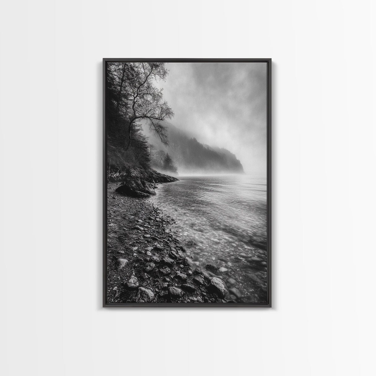 Foggy Coast, Moody Shore, Tranquil Pebbles, Forest Water, Framed Canvas Print, Bathroom Wall Art, Nature Photography Style, Calm Retreat Decor