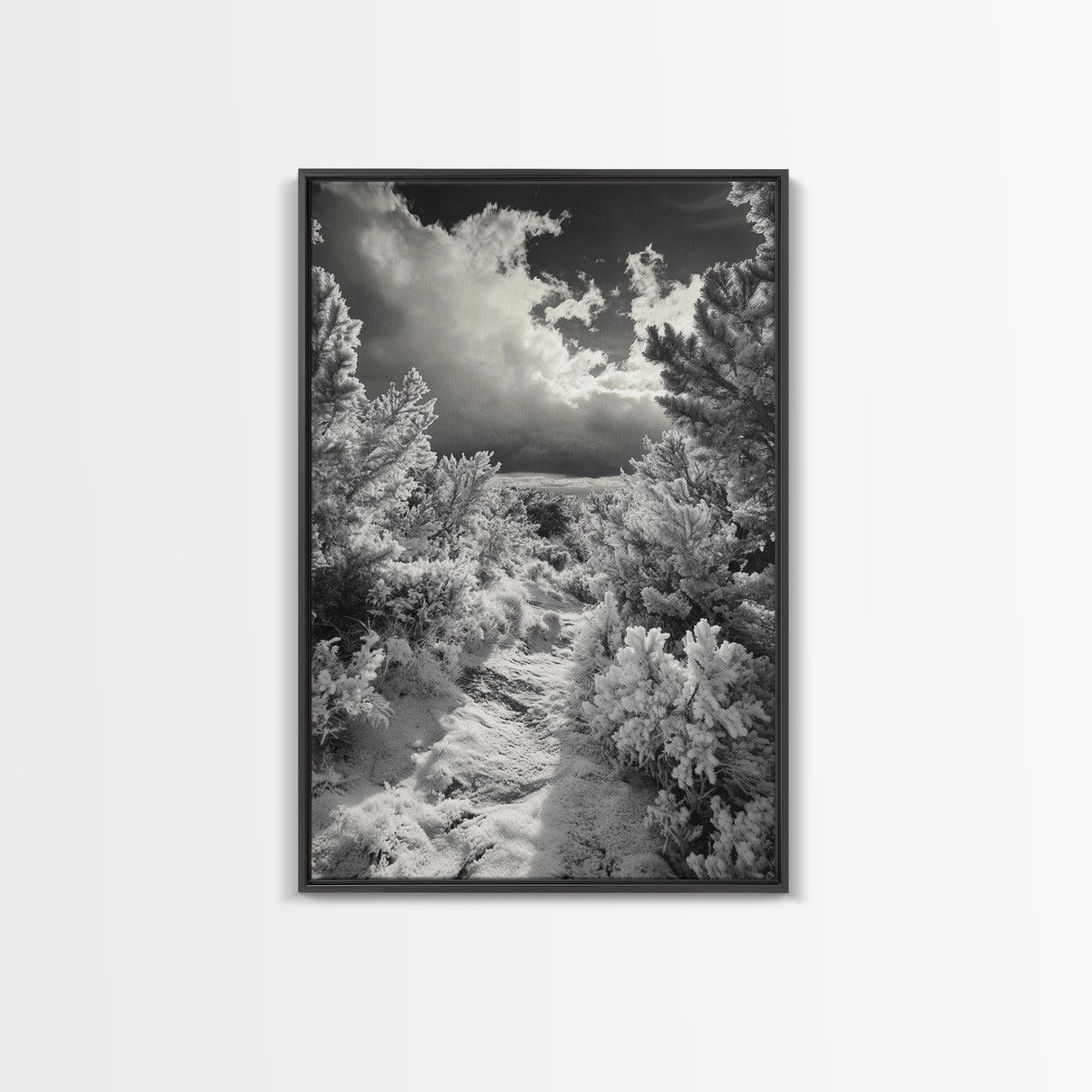 Snowy Pine Path, Winter Forest Light, Frozen Landscape Art, Canvas Print, Holiday Wall Art, Minimalist Winter, Nordic Style Decor