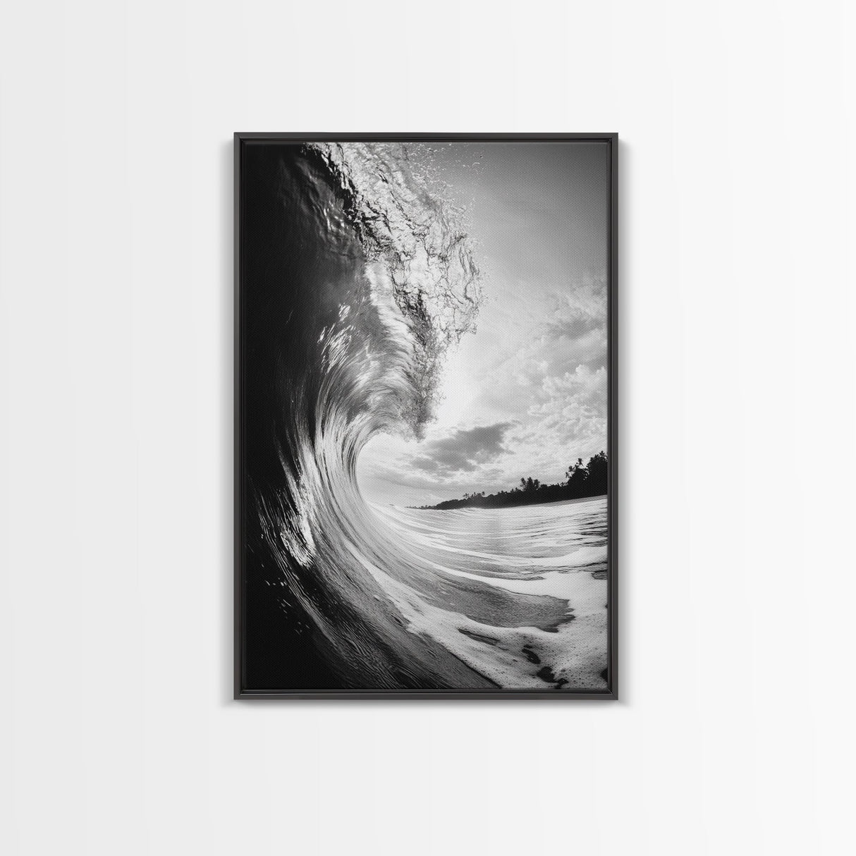Ocean Wave Curl, Sea Barrel Art, Surf Power Print, Framed Canvas Print, Bathroom Wall Art, Modern Beach Decor, Black White Seascape