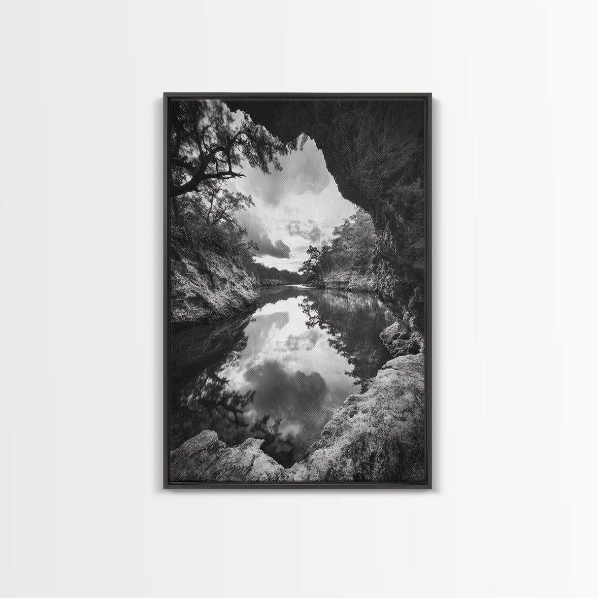 Serene River Reflection, Cave View, Monochrome Nature, Framed Canvas Print, Living Room Wall Art, Tranquil Landscape, Minimalist Decor