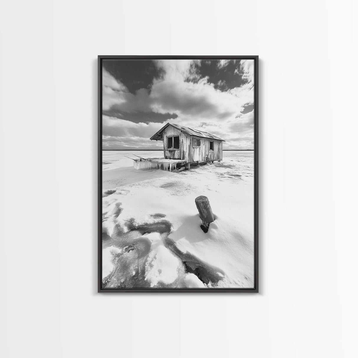 Frozen Cabin Scene, Snowy Landscape, Winter Monochrome, Canvas Print, Cabin Wall Art, Rustic Winter Decor, Nature Photography
