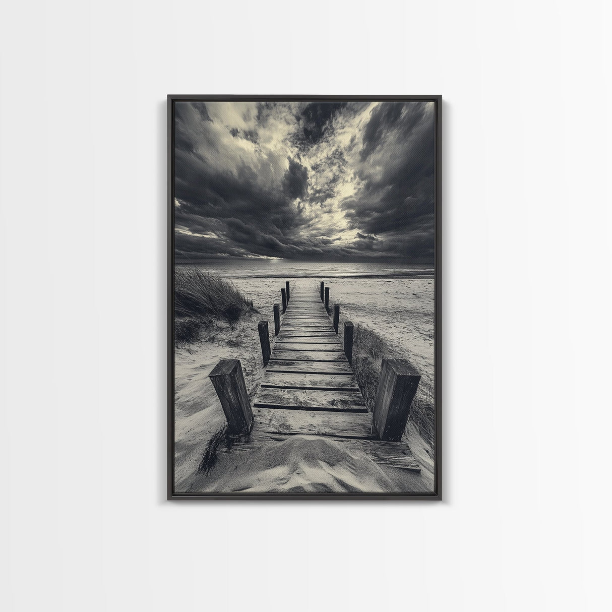 Stormy Beach Dock, Dramatic Skies, Coastal Mood, Framed Canvas Print, Fall Wall Art, Entryway Decor, Moody Seascape, Rustic Coastal Home