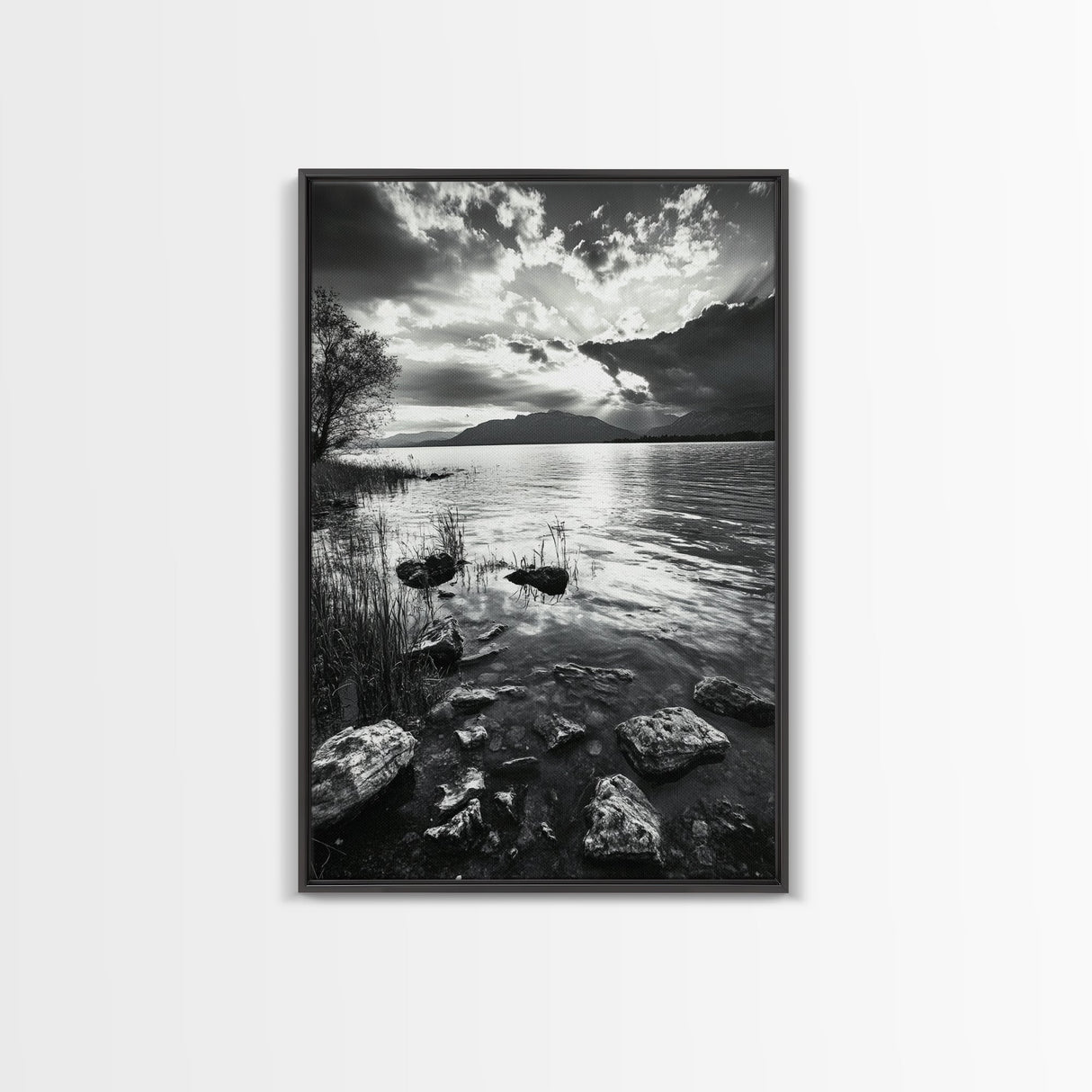Lake Sunset View, Peaceful Mountainscape, Nature Reflection, Framed Canvas Print, Living Room Wall Art, Tranquil Scenic Landscape