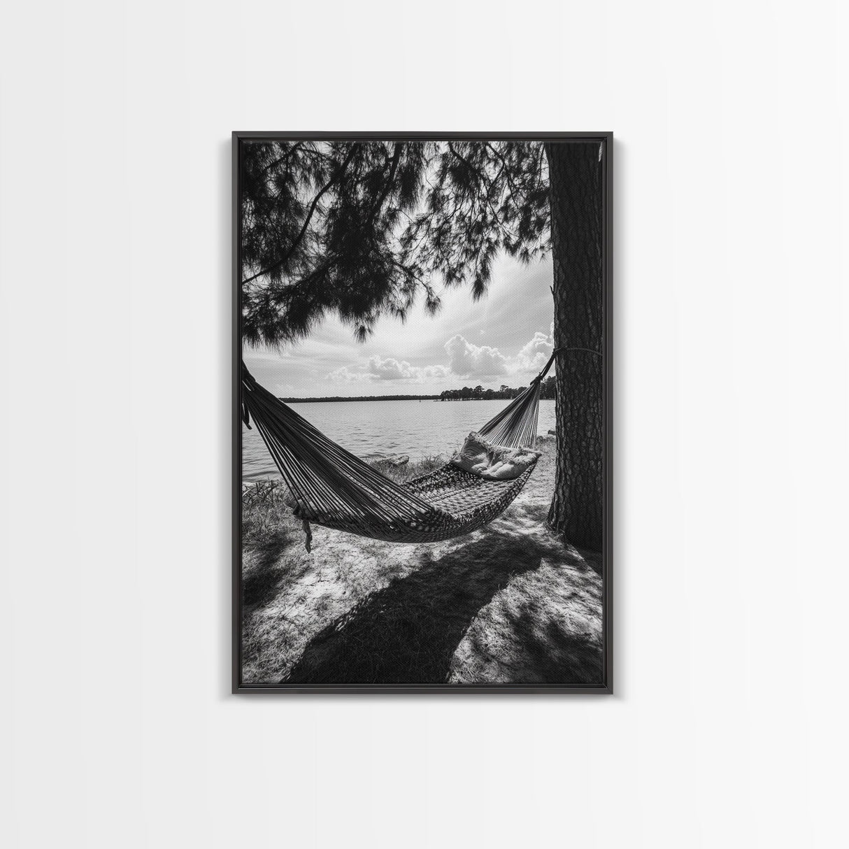 Hammock Lake View, Peaceful Retreat, Summer Breeze, Canvas Print, Boho Outdoor Art, Bedroom Relaxation Decor, Minimalist Coastal Vibe