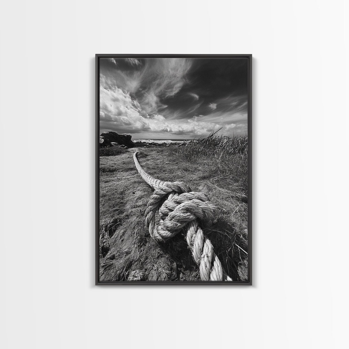 Nautical Rope Knot, Coastal Texture, Ocean Breeze, Framed Canvas Print, Beach House Wall Art, Rustic Nautical Decor, Minimalist Style