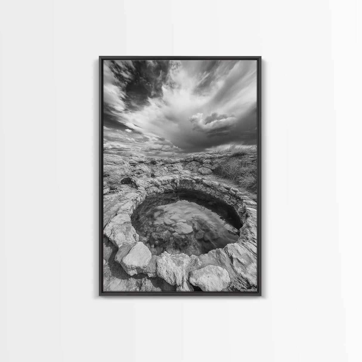 Natural Stone Pool, Sky Reflections, Framed Canvas Print, Bathroom Wall Art, Earthy Neutral Decor, Minimalist Landscape