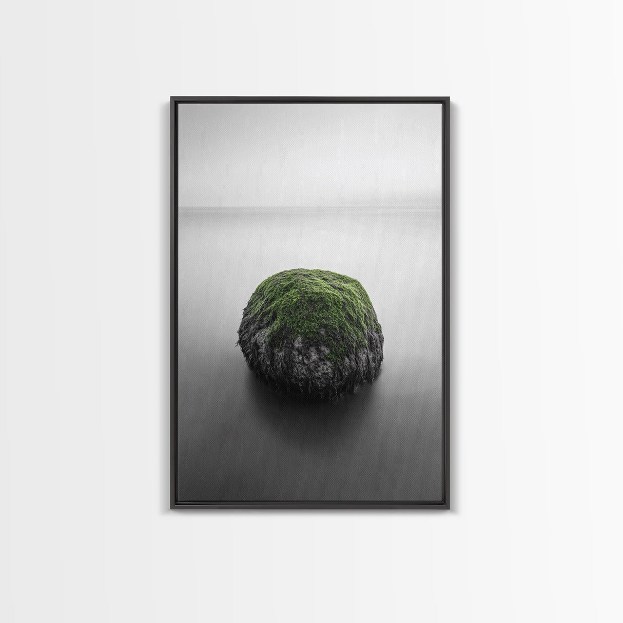 Moss Rock Minimal, Green Accent Art, Coastal Zen Decor, Framed Canvas Print, Modern Neutral Room, Nature Wall Aesthetic