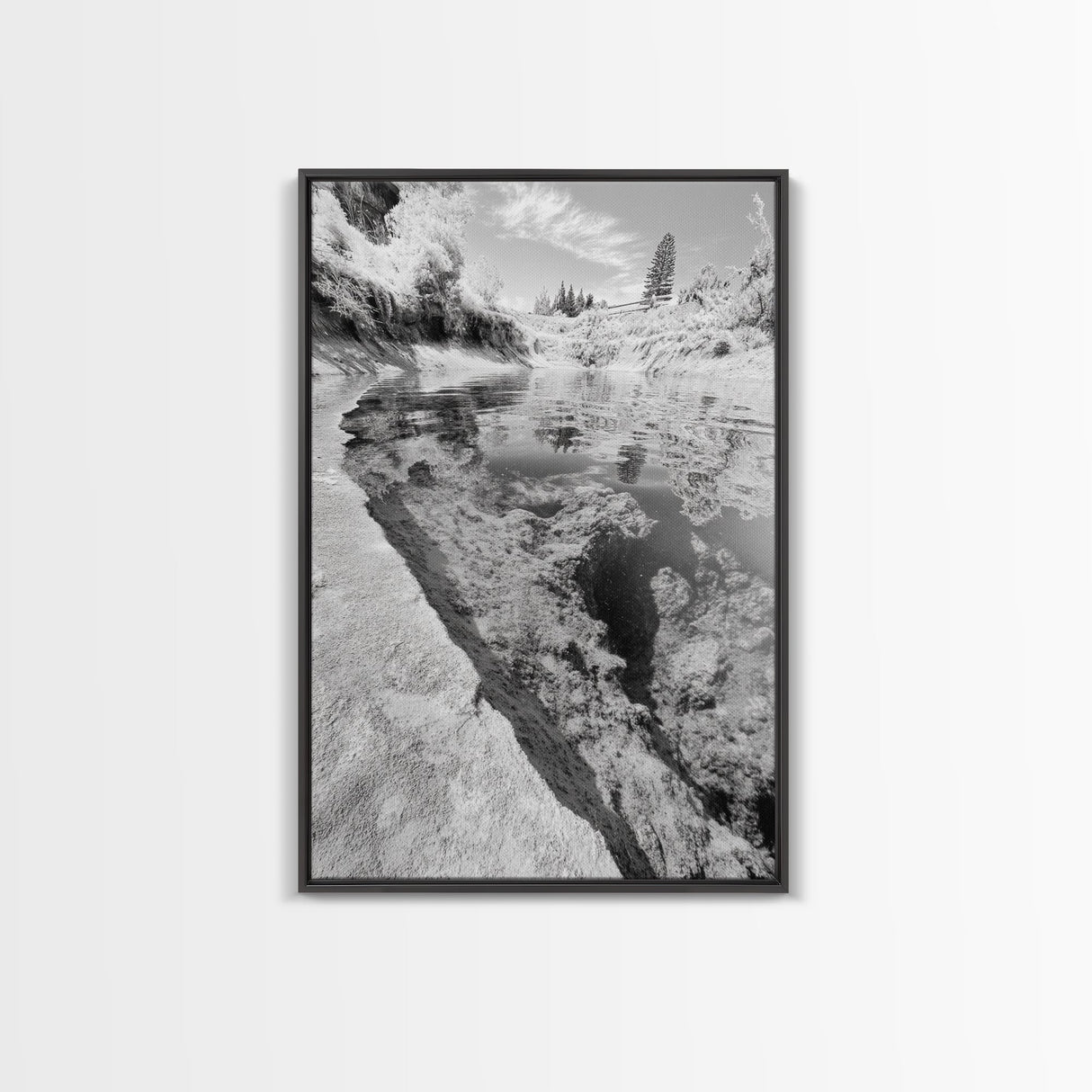 Reflective Riverbed, Nature Tranquility, Monochrome Landscape, Canvas Print, Bathroom Wall Art, Zen Decor, Fine Art Photography