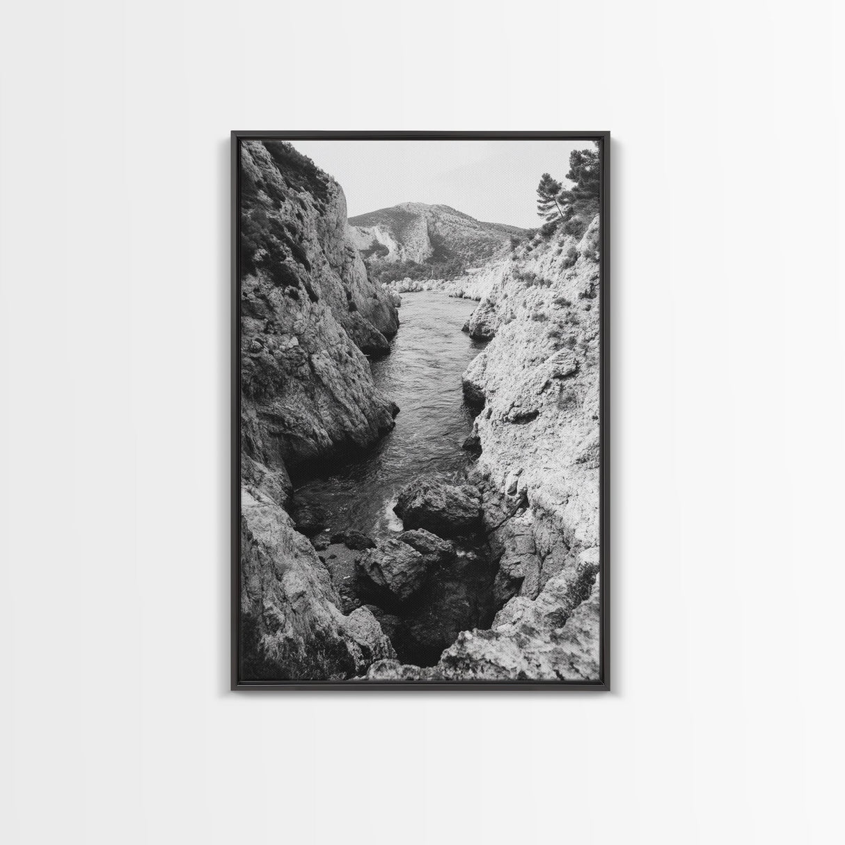 Mountain Gorge, Rugged Canyon, Flowing Stream, Wilderness Explorer, Framed Canvas Print, Cabin Wall Art, Adventurous Rustic Style
