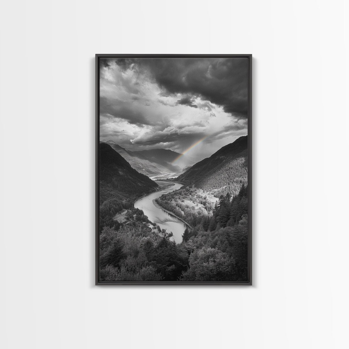 Mountain Valley, Rainbow River, Forest Panorama, Cloud Drama, Framed Canvas Print, Living Room Wall Art, Tranquil Nature, Scenic Beauty