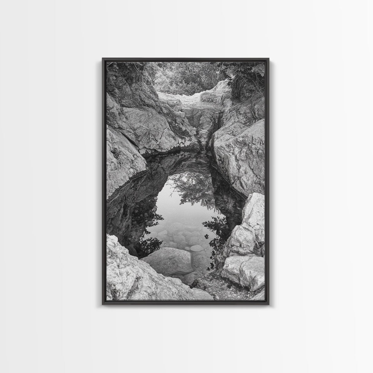 Reflective Rock Pool, Tranquil Nature, Monochrome Landscape, Black and White Framed Canvas Print, Minimalist Bathroom or Spa Wall Art