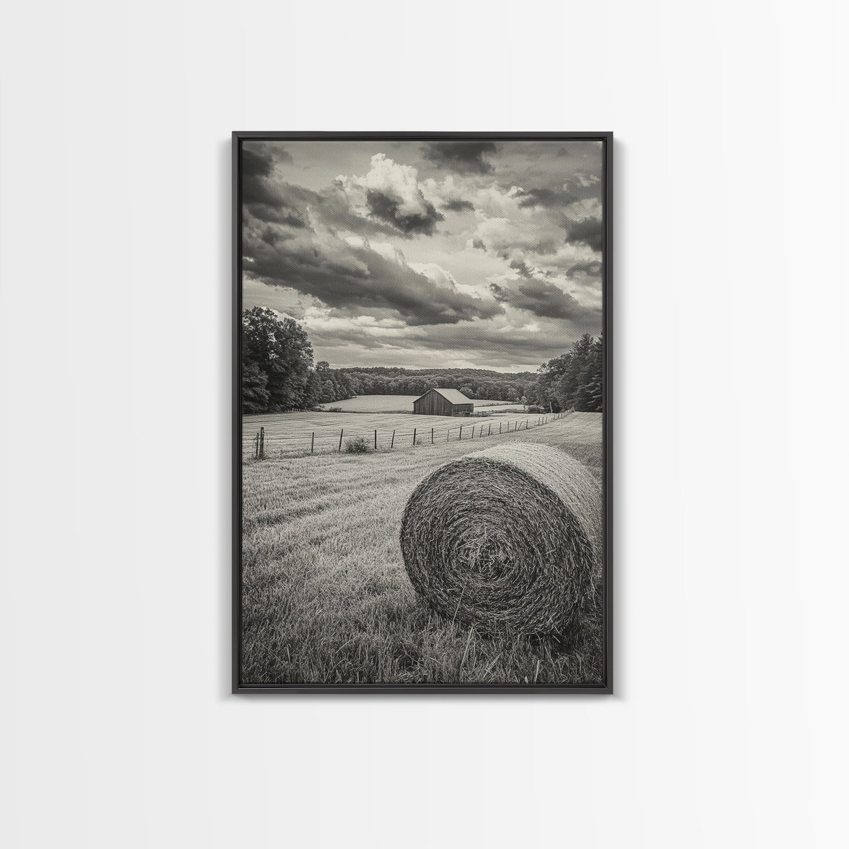 Autumn Hay Bale, Farm Field Scene, Country Landscape, Black and White Canvas Print, Rustic Kitchen or Fall Living Room Wall Art