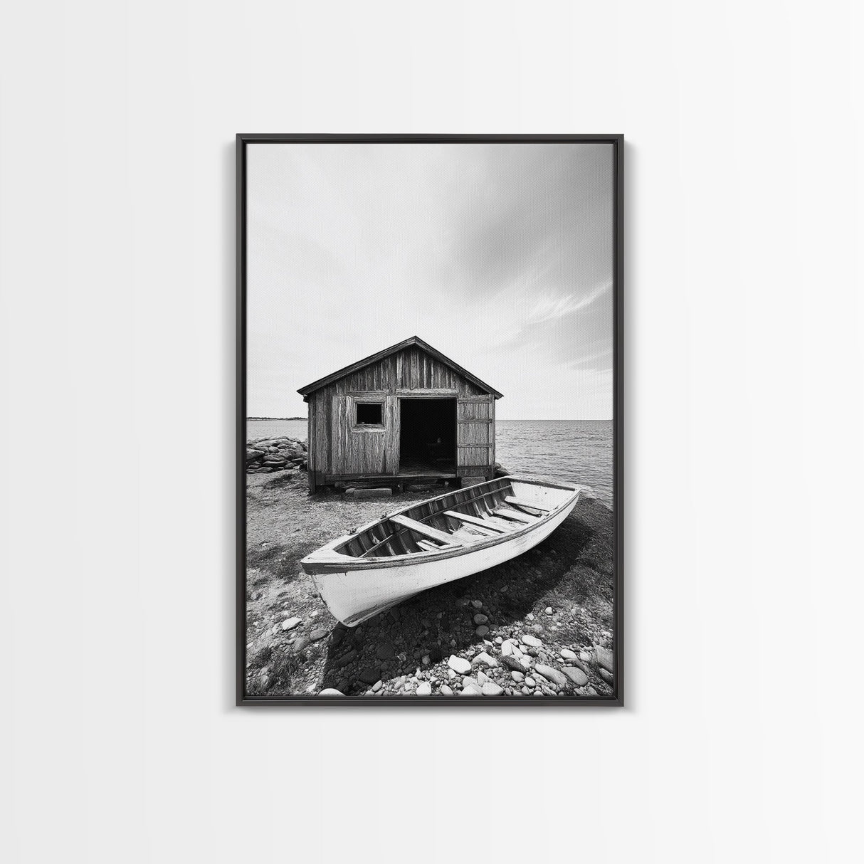 Shore Cabin, Rowboat Rest, Coastal Cabin, Serene Shoreline, Canvas Print, Lake House Wall Art, Rustic Decor, Living Room Seaside Art