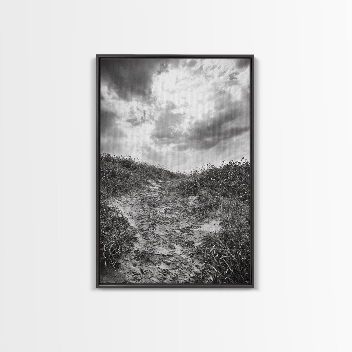 Sandy Trail, Ocean Path, Windy Grass, Moody Sky, Framed Canvas Print, coastal nature photography, hallway decor, rustic neutral art