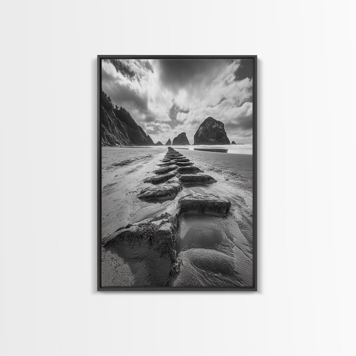 Ocean Rocks, Beach Landscape, Cloudy Sky, Rugged Coast, Canvas Print, coastal adventure wall art, living room decor, nature lover gift