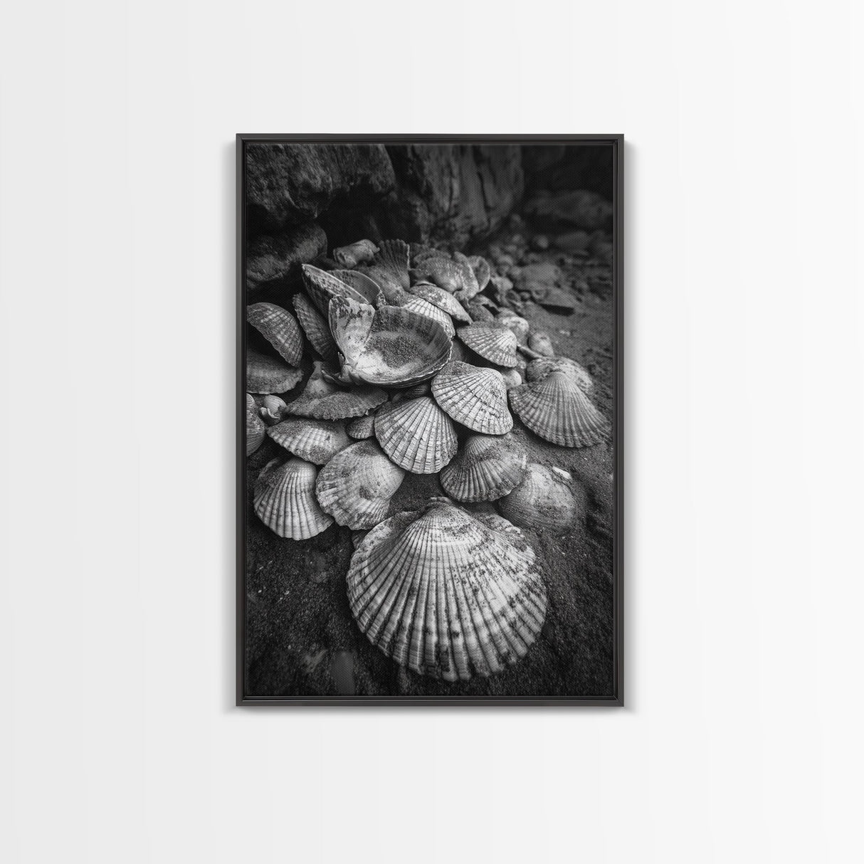 Seashell Pile, Textured Beach, Coastal Treasures, Natural Beauty Framed Canvas Print, bathroom decor, shell art, beach wall style