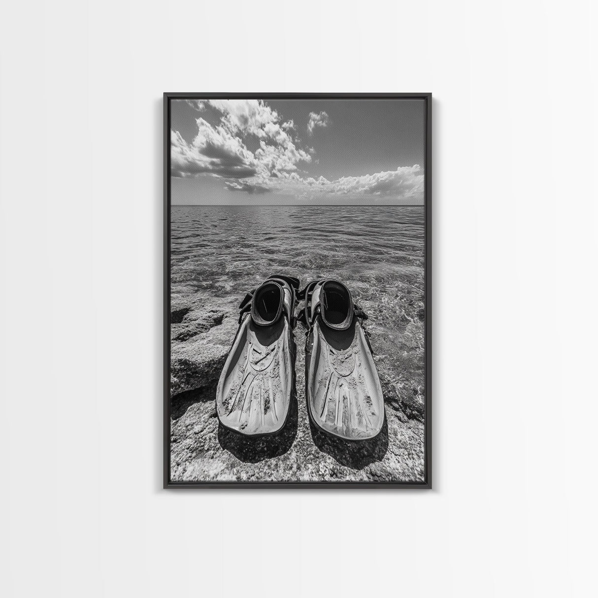 Ocean Fins, Coastal Escape, Underwater Adventure, Canvas Print, Beach Bathroom Wall Art, Nautical Photography, Black and White Decor