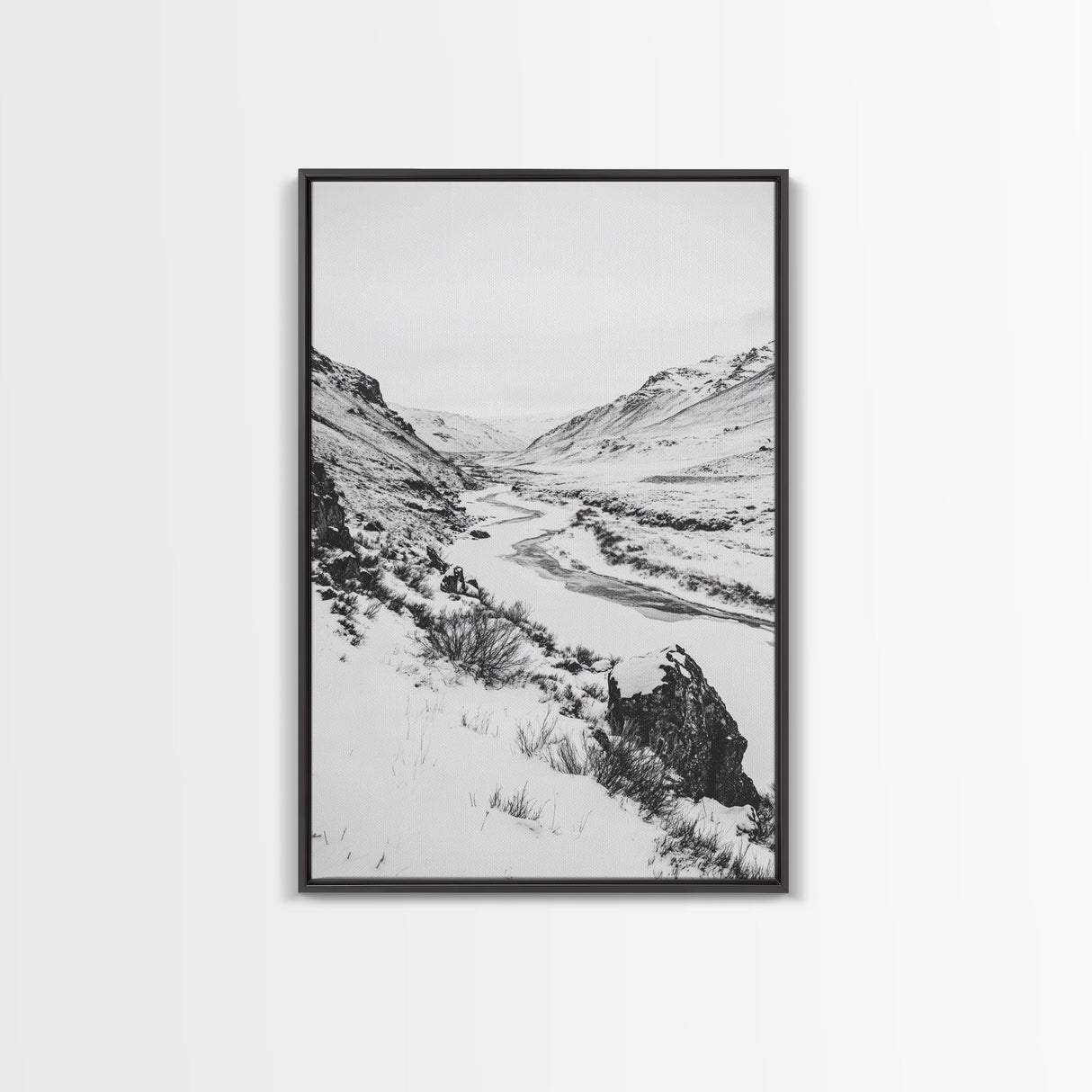 Snowy Canyon, Winter Valley, Frozen Landscape, Framed Canvas Print, Minimalist Wall Art, Neutral Living Room or Office Decor